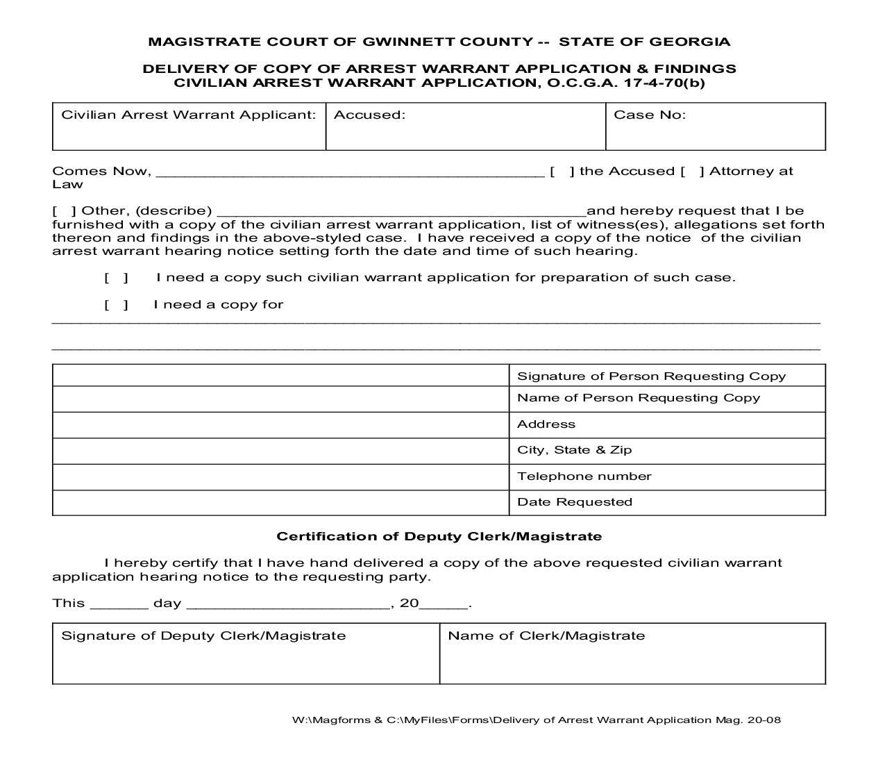 Delivery Of Copy Of Arrest Warrant Application And Findings Civilian Arrest Warrant Application {MAG 20-08} | Pdf Fpdf Doc Docx | Georgia