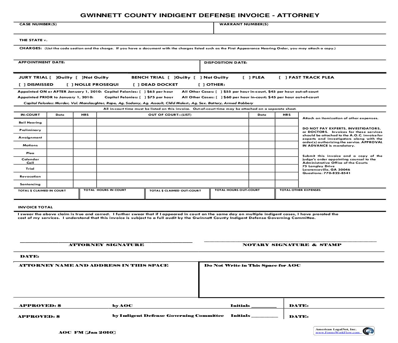 Indigent Defense Invoice - Attorney | Pdf Fpdf Doc Docx | Georgia