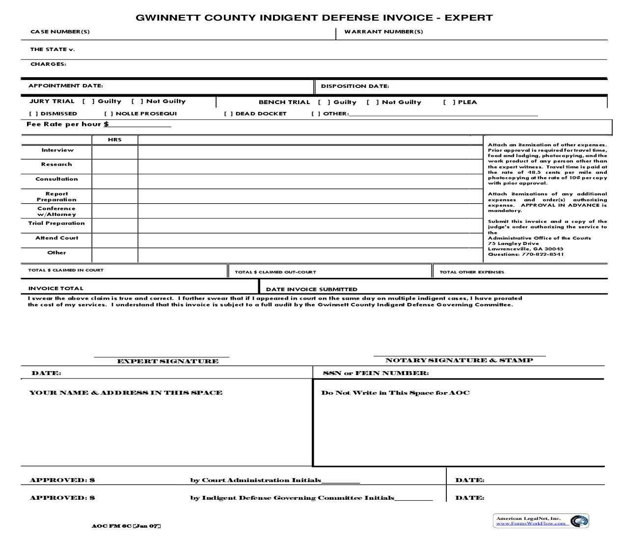 Indigent Defense Invoice - Expert | Pdf Fpdf Doc Docx | Georgia