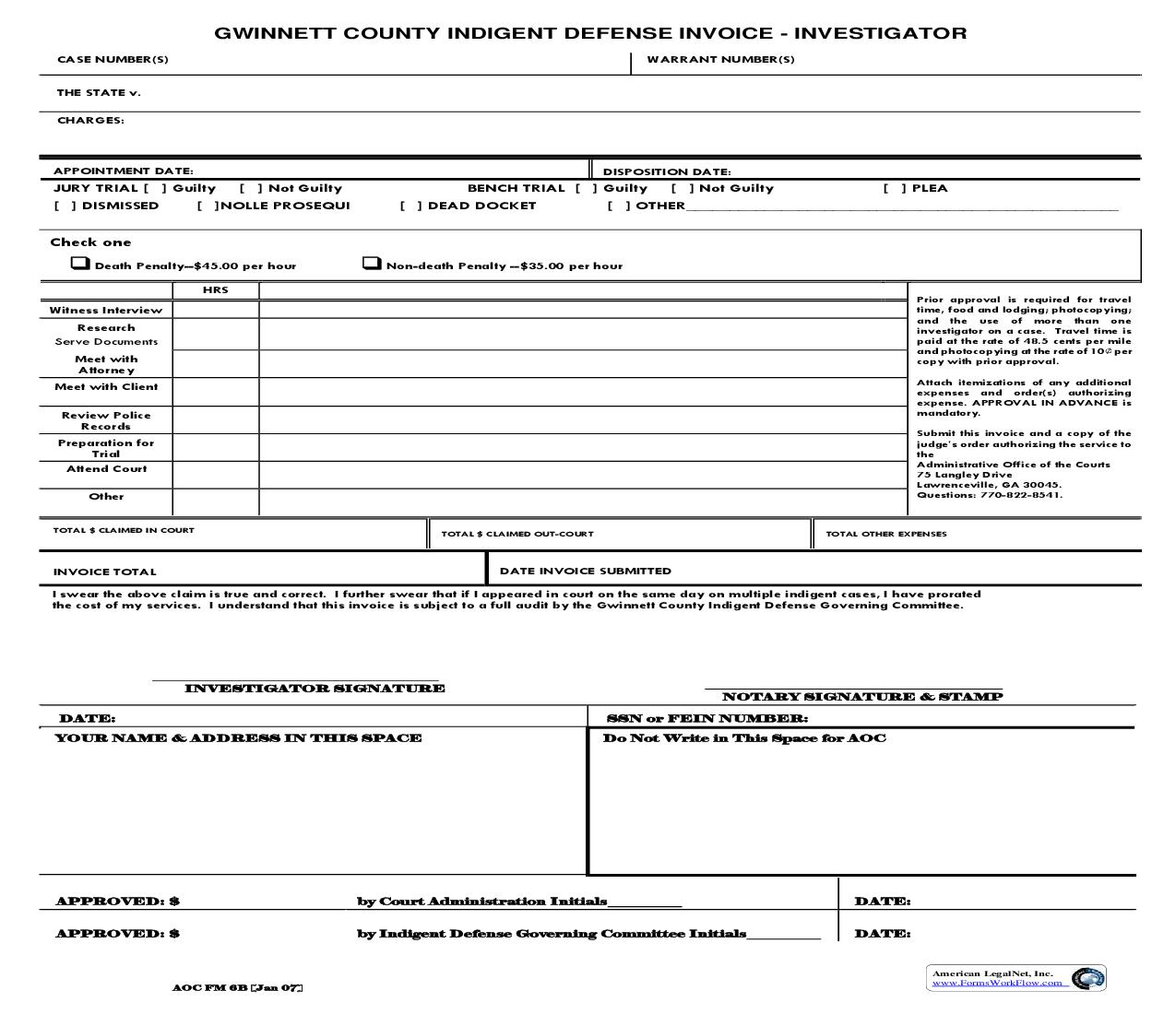 Indigent Defense Invoice - Investigator | Pdf Fpdf Doc Docx | Georgia