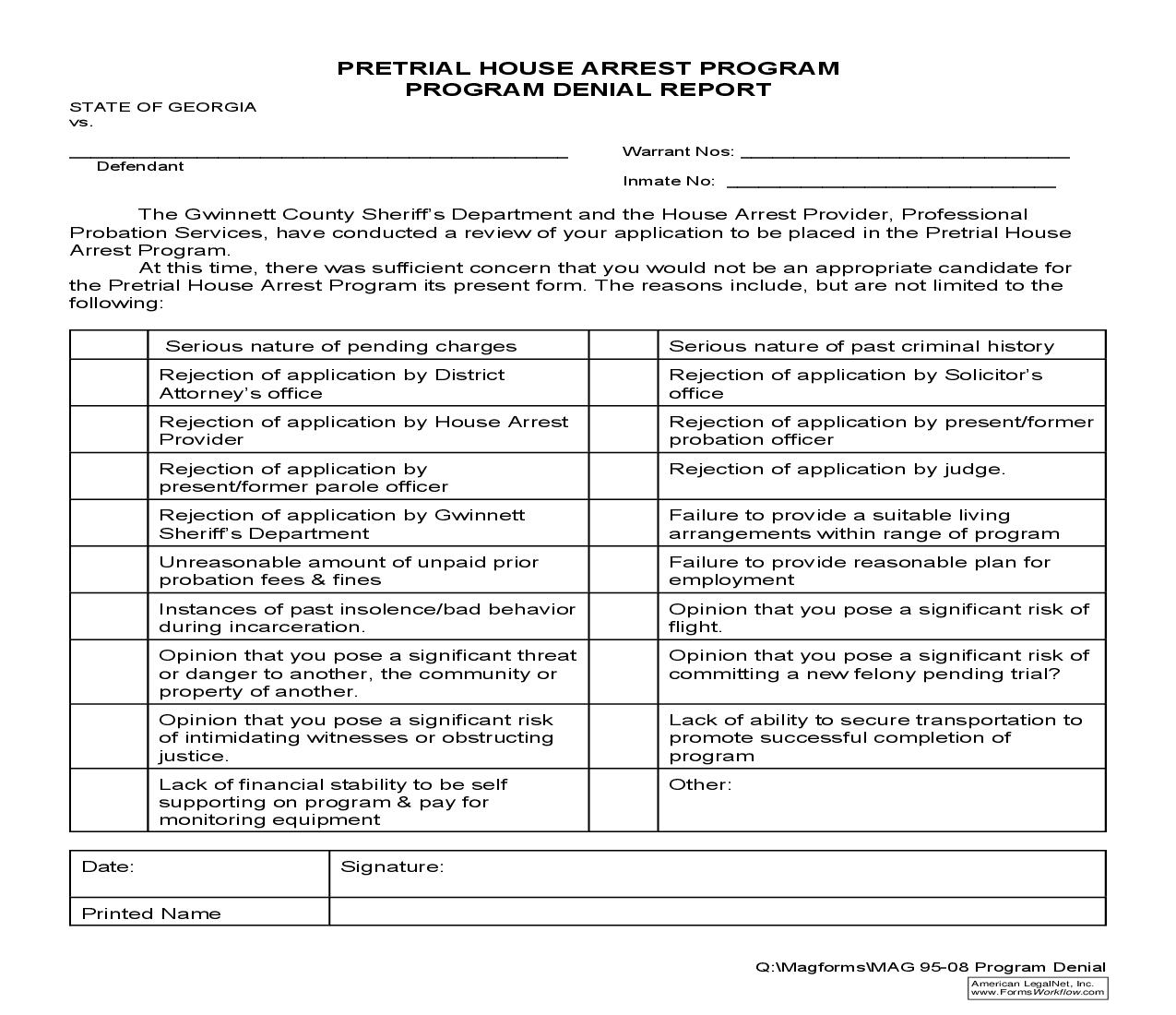 Program Denial Report (Pretrial House Arrest) {MAG 95-08} | Pdf Fpdf Doc Docx | Georgia