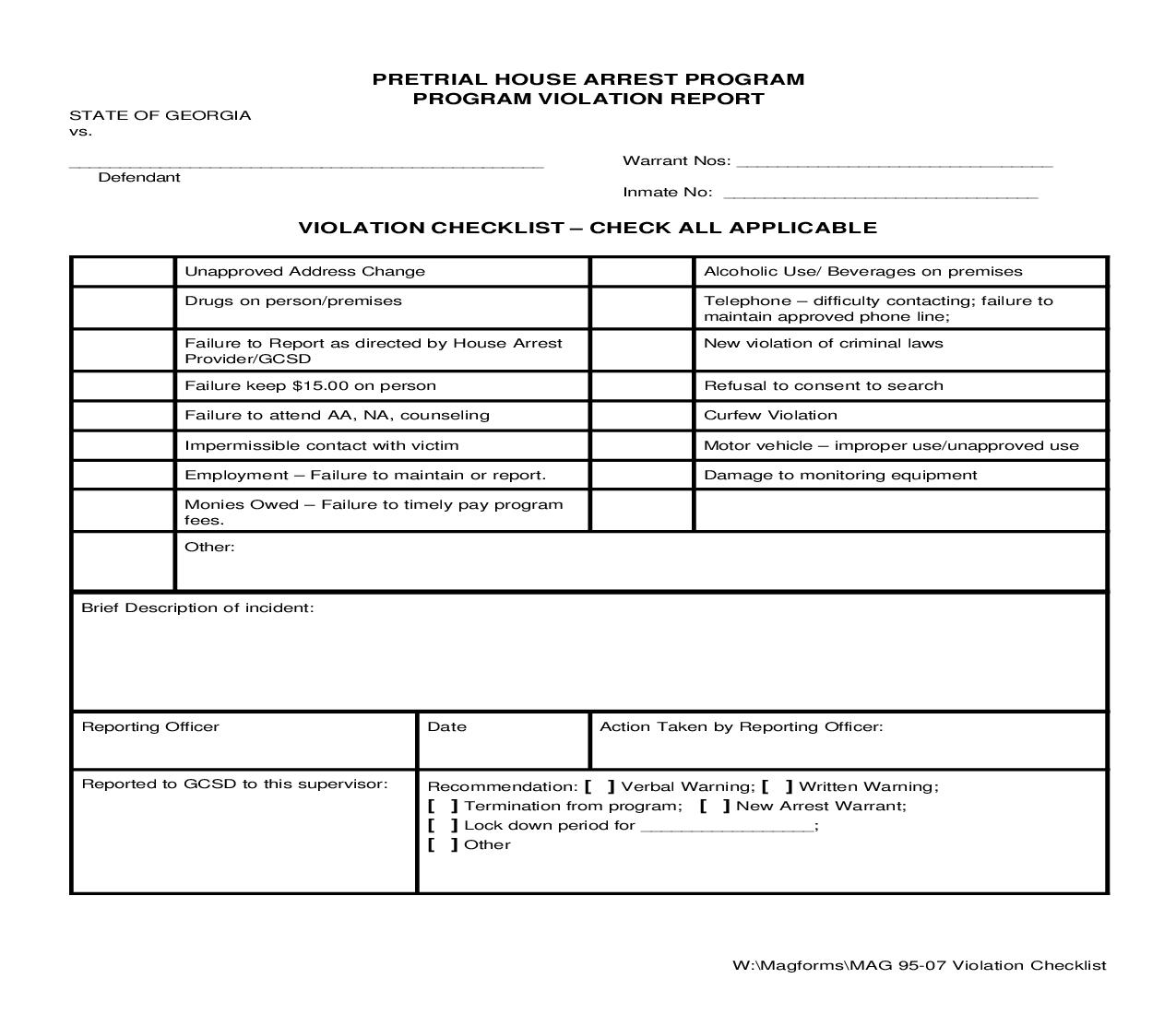 Violation Checklist (Pretrial House Arrest) {MAG 95-07} | Pdf Fpdf Doc Docx | Georgia