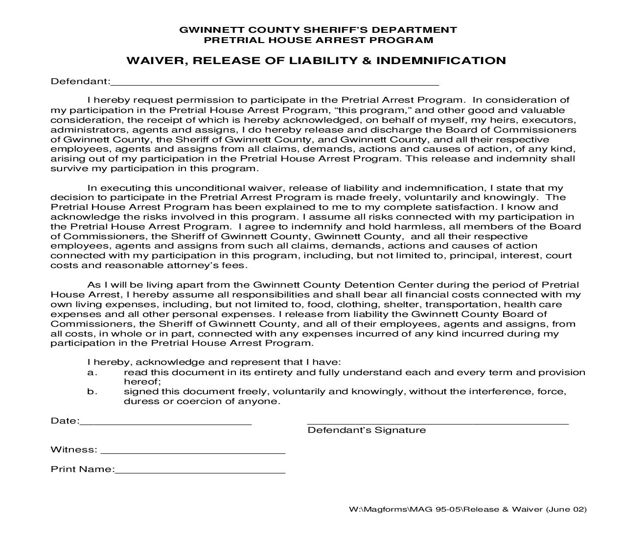 Waiver Release Of Liability And Indemnification (Pretrial House Arrest) {MAG 95-05} | Pdf Fpdf Doc Docx | Georgia