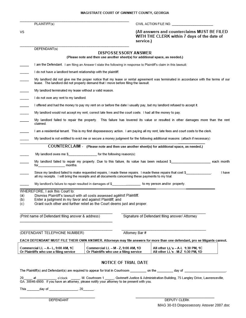 Dispossessory Answer {MAG 30-03} | Pdf Fpdf Doc Docx | Georgia