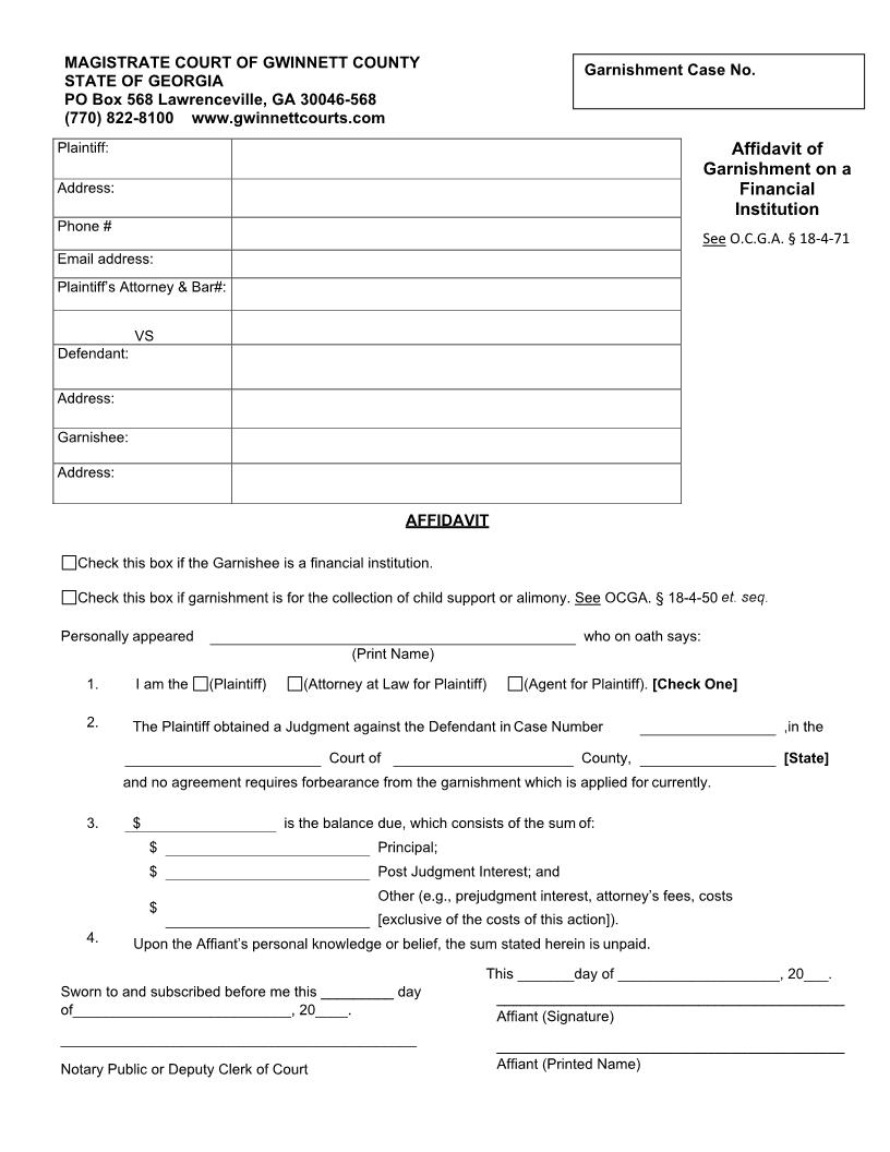 Affidavit Garnishment On A Financial Institution | Pdf Fpdf Doc Docx | Georgia