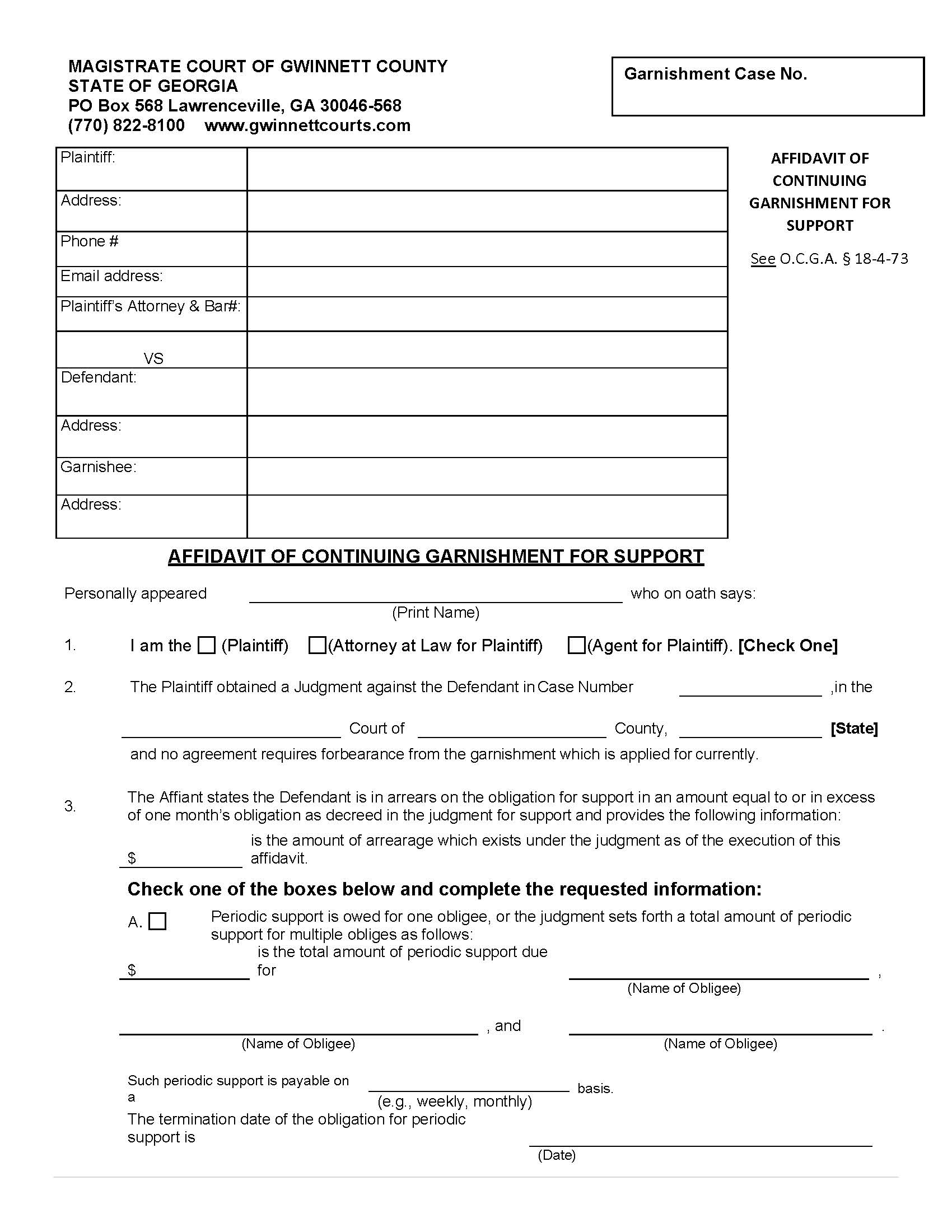 Affidavit Of Continuing Garnishment For Support | Pdf Fpdf Doc Docx | Georgia