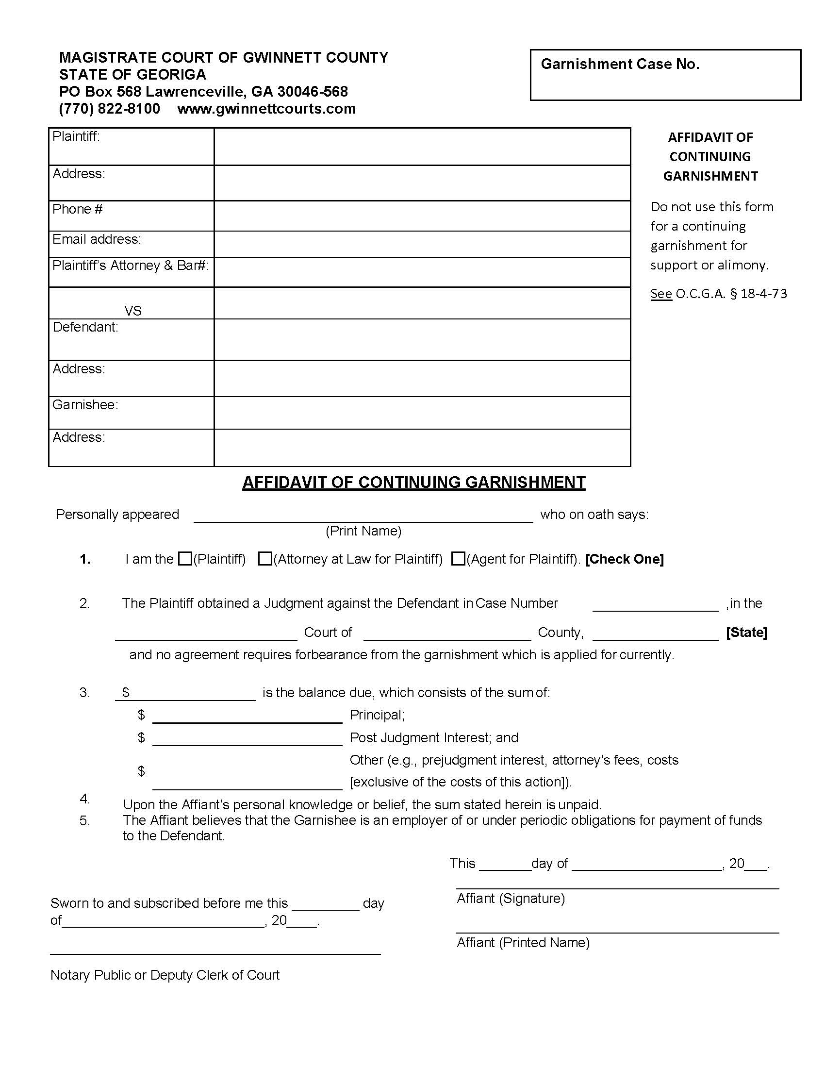 Affidavit Of Continuing Garnishment | Pdf Fpdf Doc Docx | Georgia