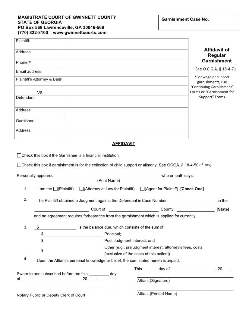 Affidavit Of Regular Garnishment | Pdf Fpdf Doc Docx | Georgia