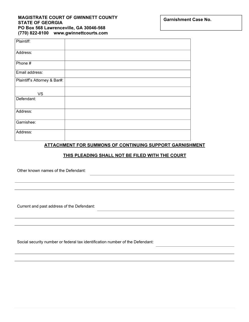 Attachment For Summons Of Continuing Support Garnishment | Pdf Fpdf Docx | Georgia