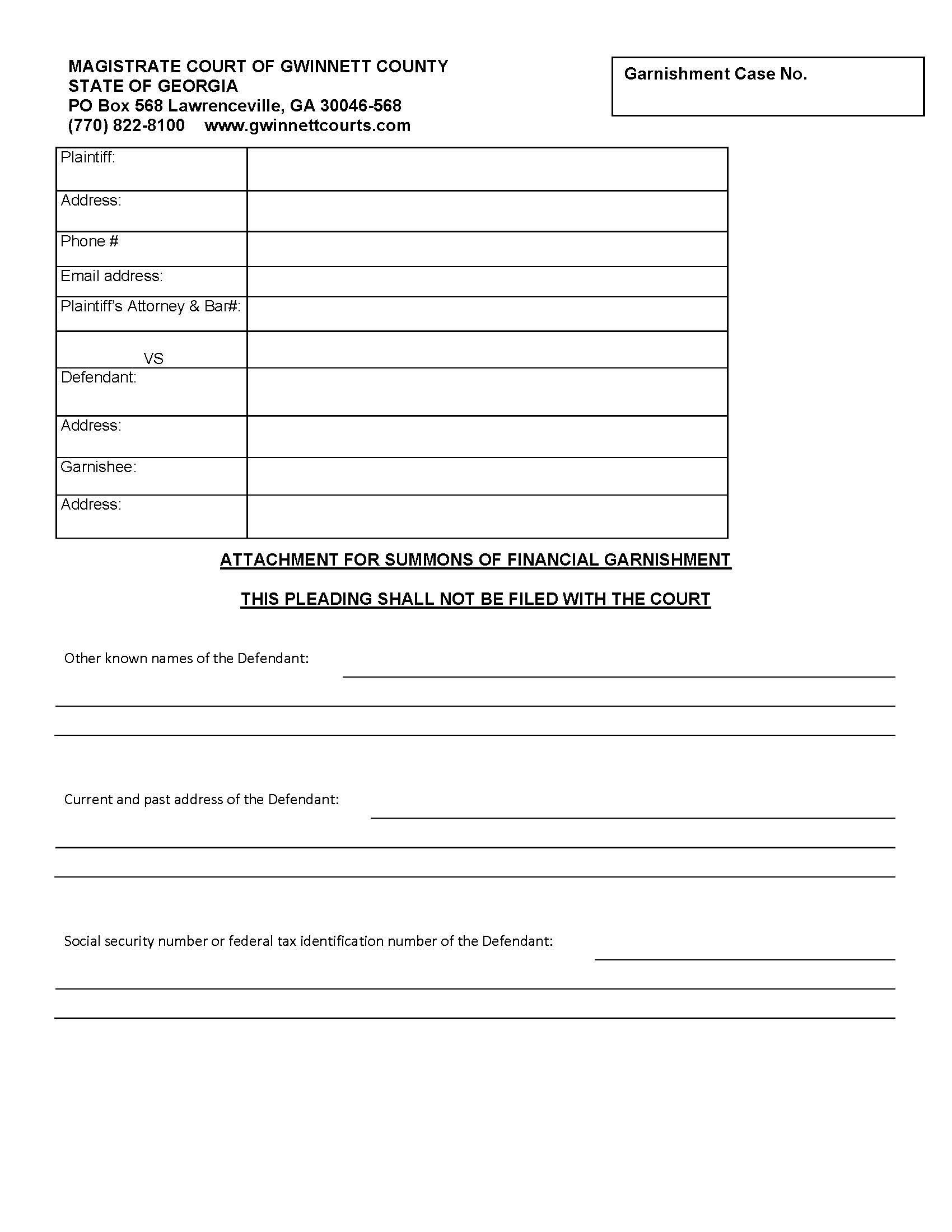 Attachment For Summons Of Financial Garnishment | Pdf Fpdf Docx | Georgia