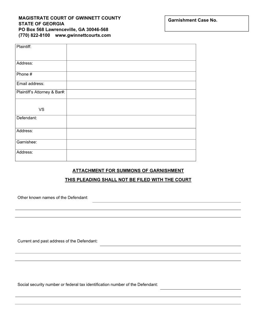 Attachment For Summons Of Garnishment | Pdf Fpdf Doc Docx | Georgia