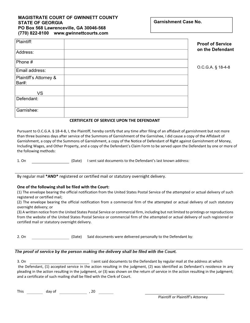 Certificate Of Service Upon The Defendant | Pdf Fpdf Doc Docx | Georgia