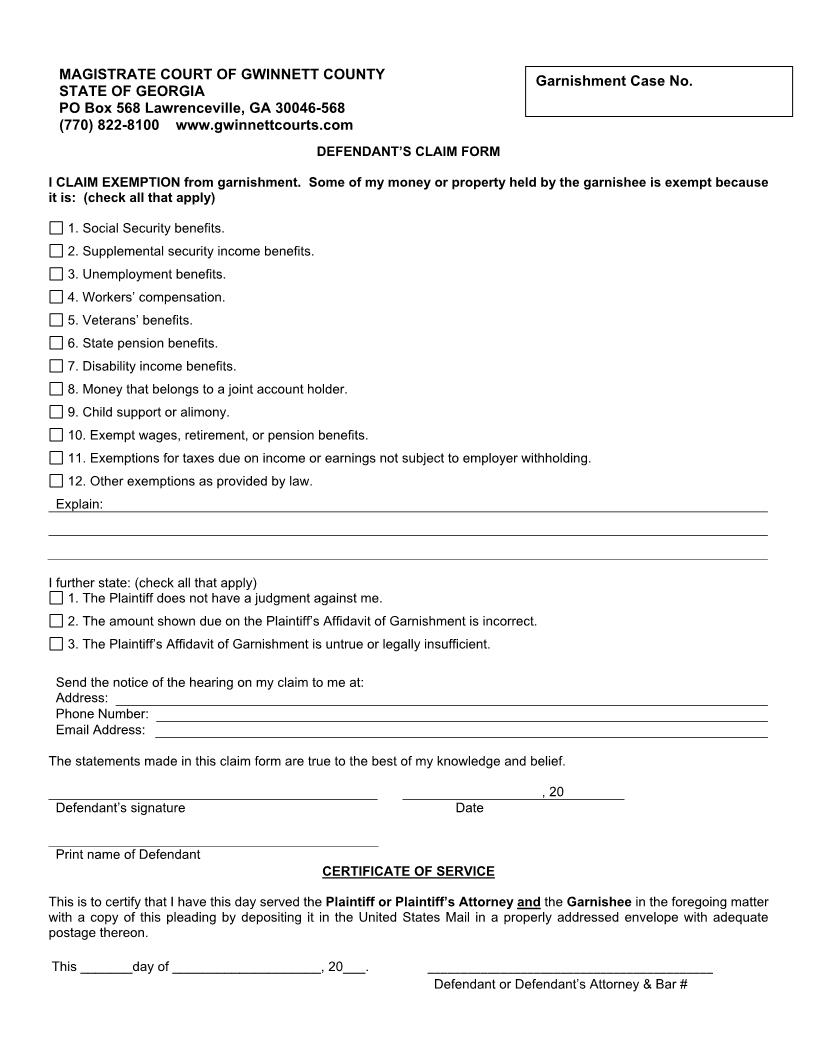 Defendants Claim Form | Pdf Fpdf Doc Docx | Georgia