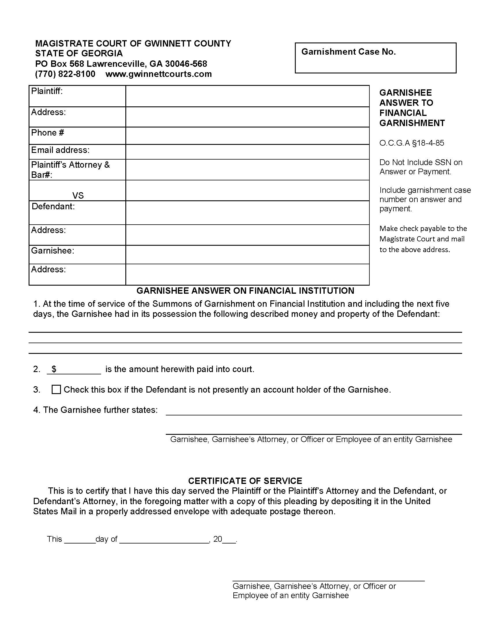 Garnishee Answer On Financial Institution | Pdf Fpdf Docx | Georgia