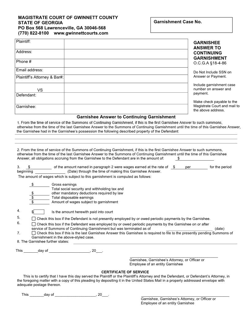 Garnishee Answer To Continuing Garnishment | Pdf Fpdf Doc Docx | Georgia