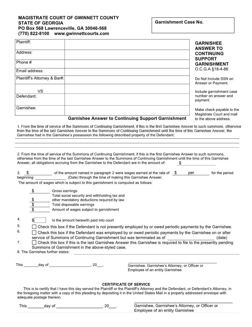 Garnishee Answer To Continuing Support Garnishment | Pdf Fpdf Docx | Georgia