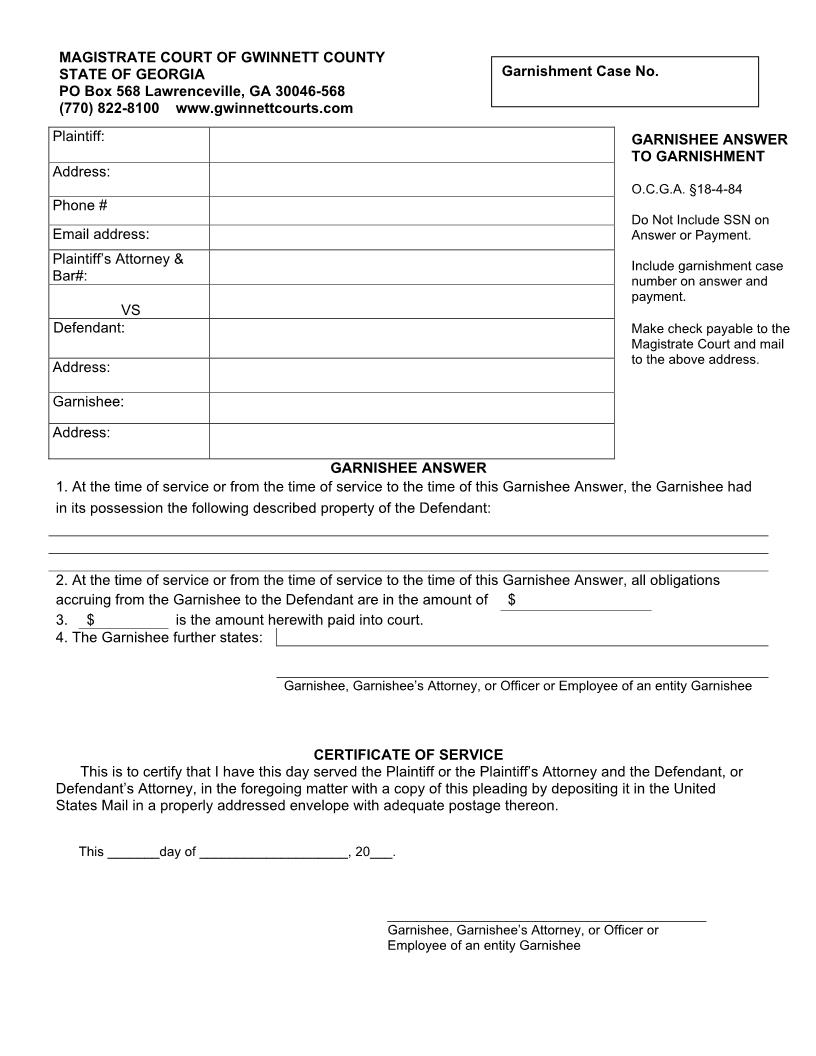 Garnishee Answer To Garnishment | Pdf Fpdf Doc Docx | Georgia