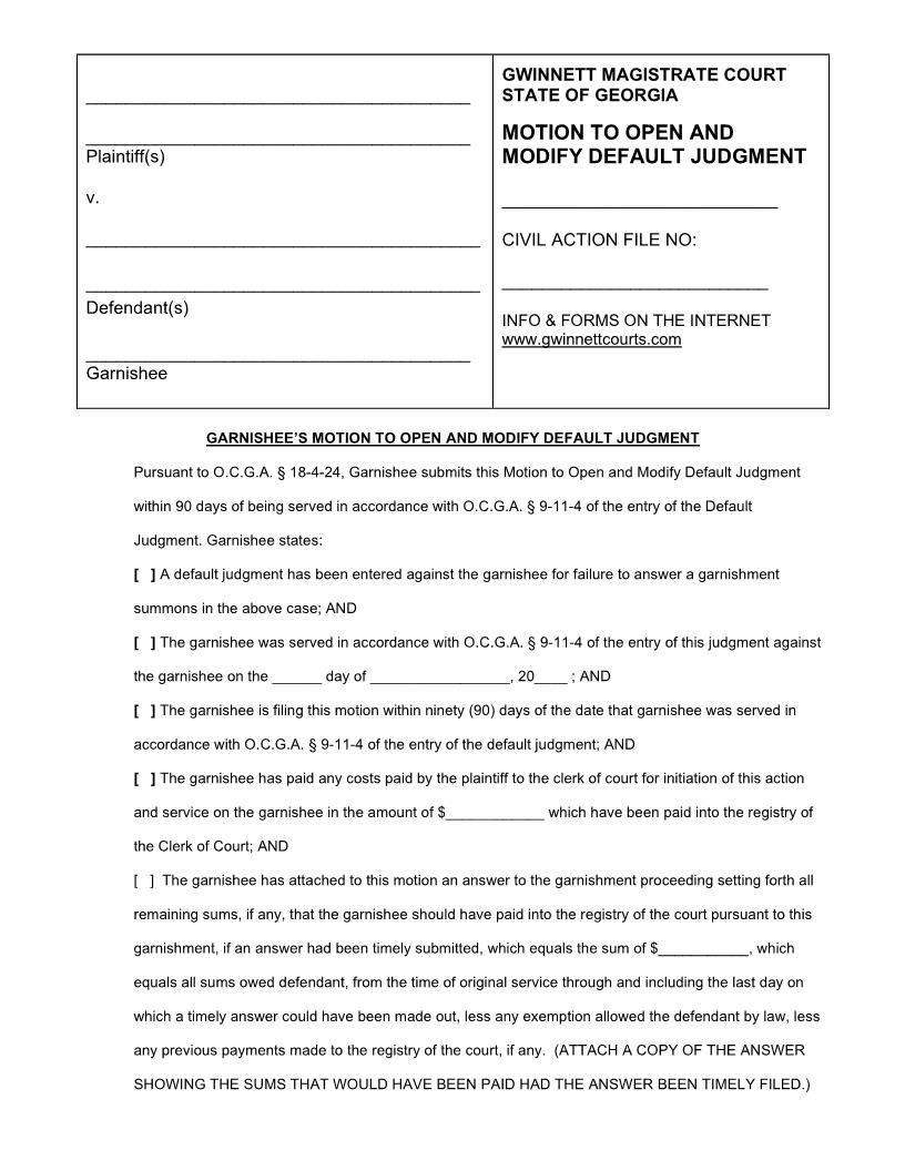 Garnishees Motion To Open And Modify Default Judgment | Pdf Fpdf Doc Docx | Georgia