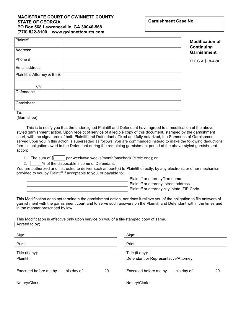 Modification Of Continuing Garnishment | Pdf Fpdf Docx | Georgia