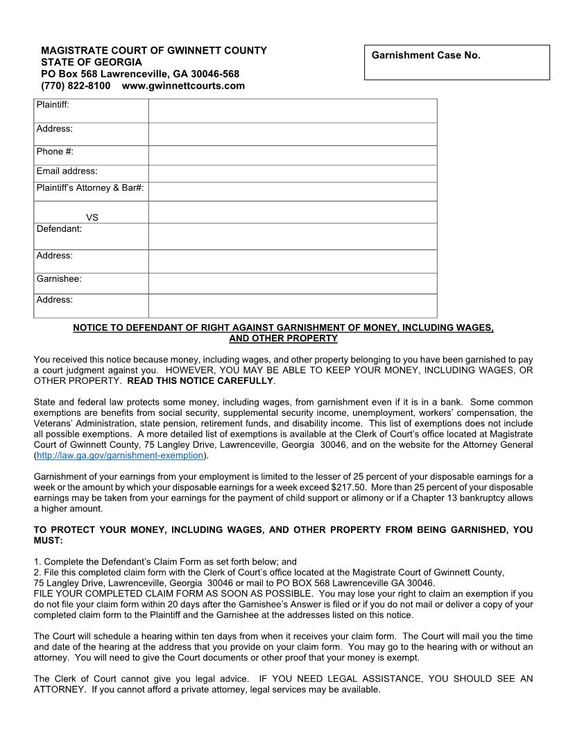 Notice To Defendant Of Right Against Garnishment Of Money | Pdf Fpdf Doc Docx | Georgia