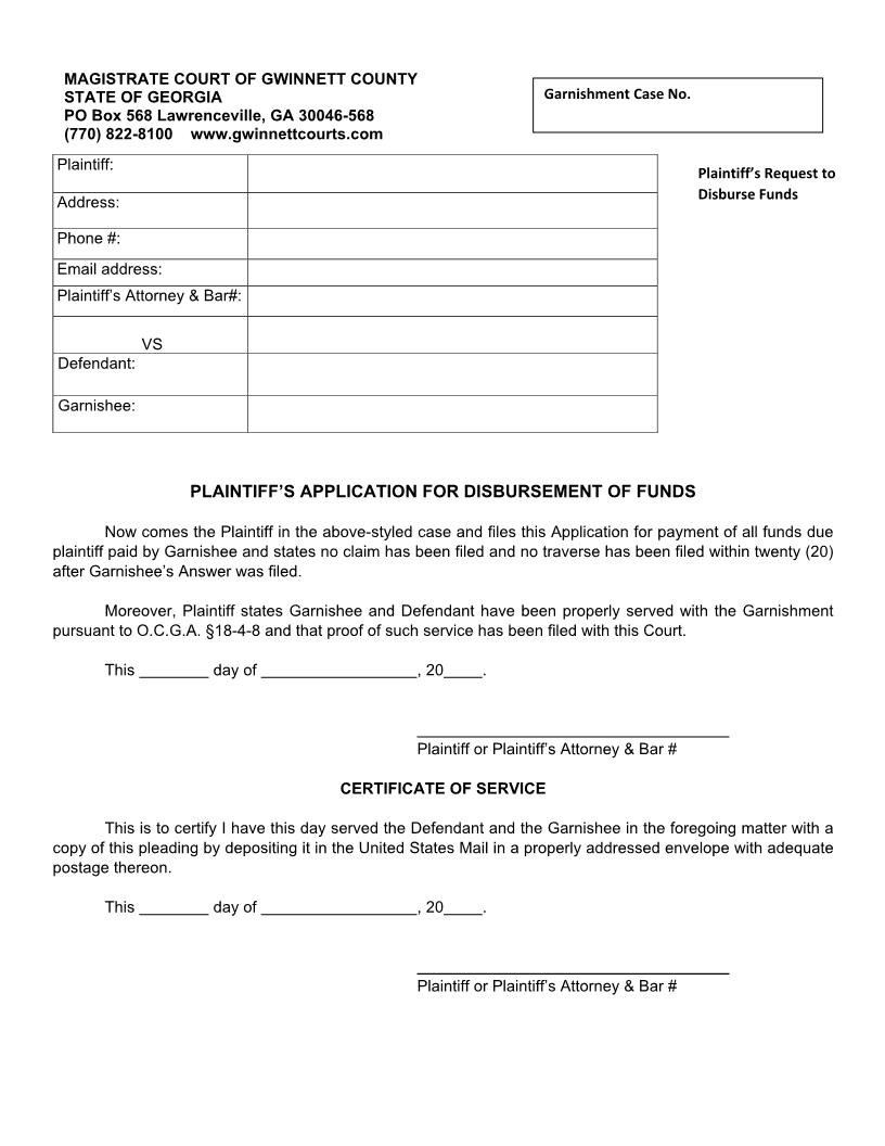 Plaintiffs Application For Disbursement Of Funds | Pdf Fpdf Doc Docx | Georgia