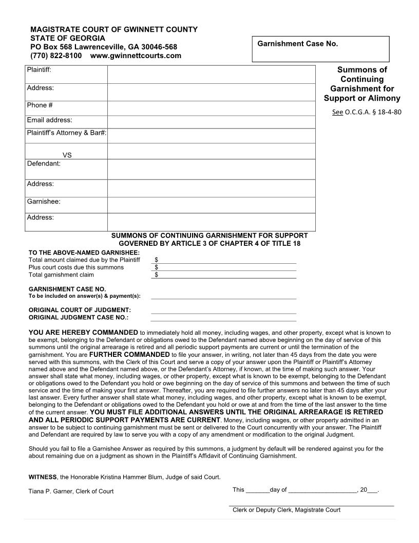 Summons Of Continuing Garnishment For Support | Pdf Fpdf Doc Docx | Georgia