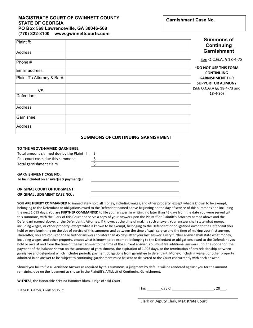 Summons Of Continuing Garnishment | Pdf Fpdf Doc Docx | Georgia