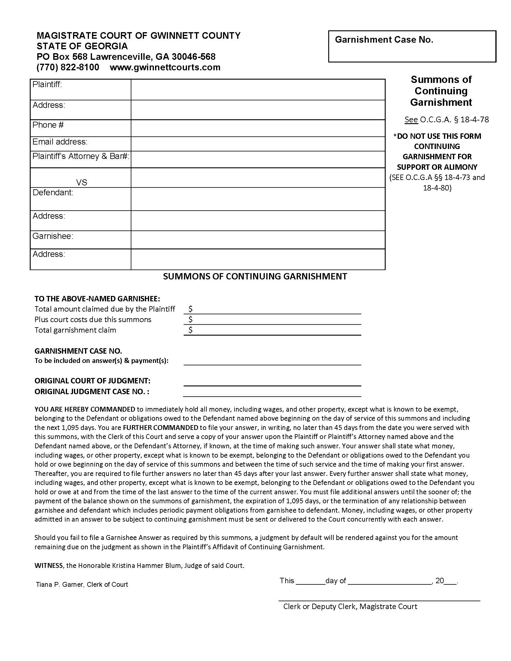 Summons Of Continuing Garnishment | Pdf Fpdf Doc Docx | Georgia