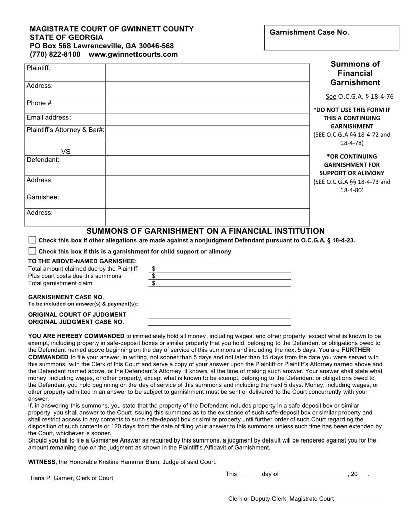 Summons Of Garnishment On A Financial Institution | Pdf Fpdf Doc Docx | Georgia