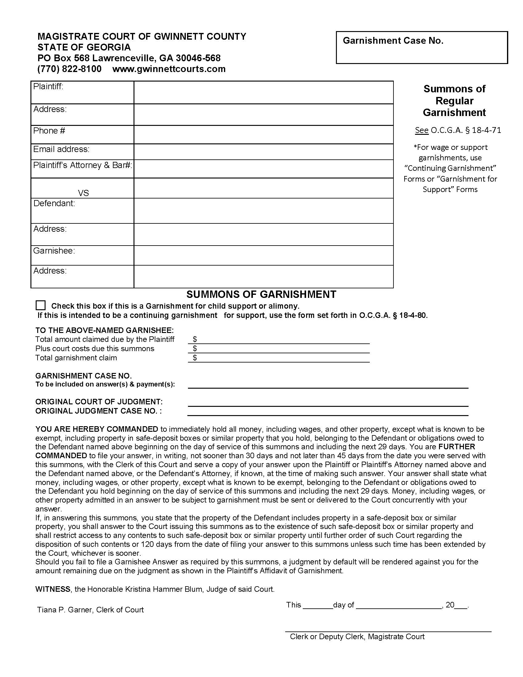 Summons Of Regular Garnishment | Pdf Fpdf Doc Docx | Georgia