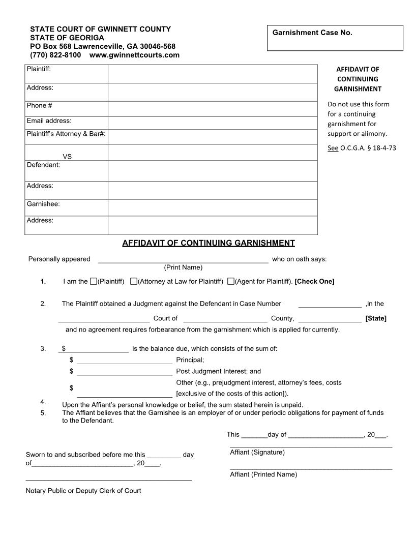Affidavit Of Continuing Garnishement | Pdf Fpdf Doc Docx | Georgia