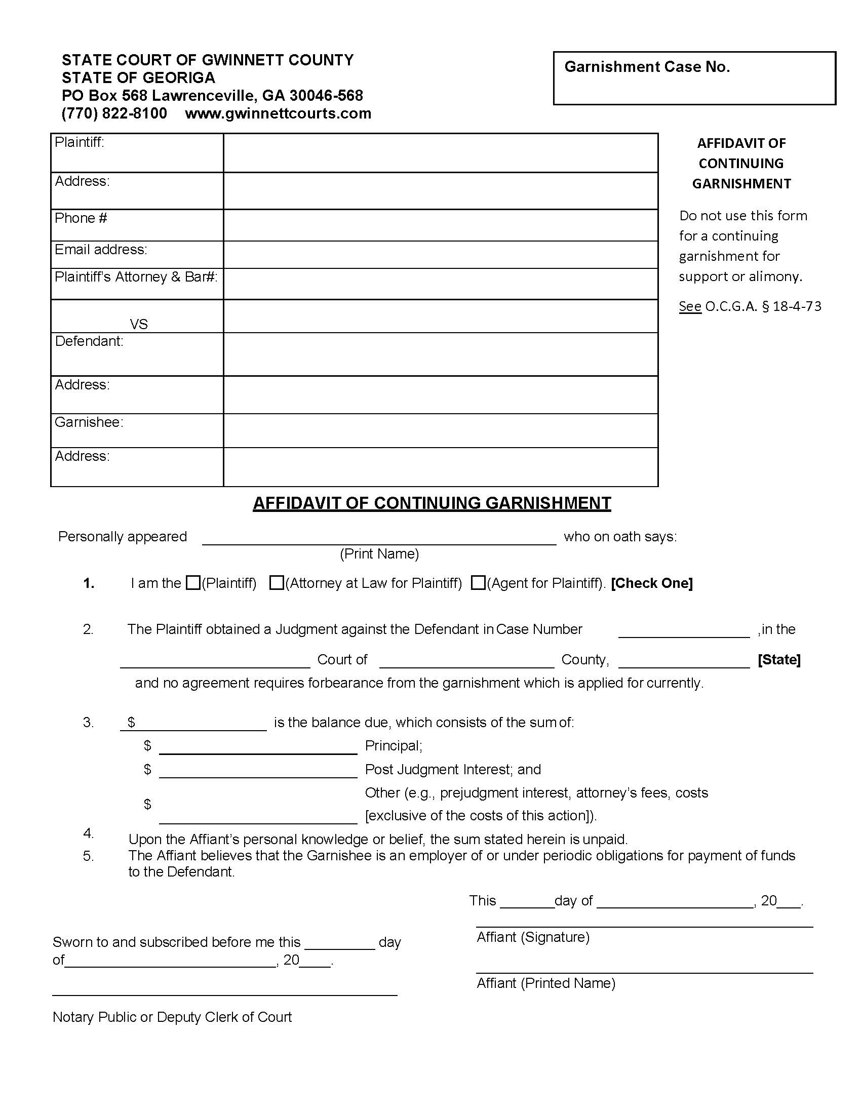 Affidavit Of Continuing Garnishement | Pdf Fpdf Doc Docx | Georgia