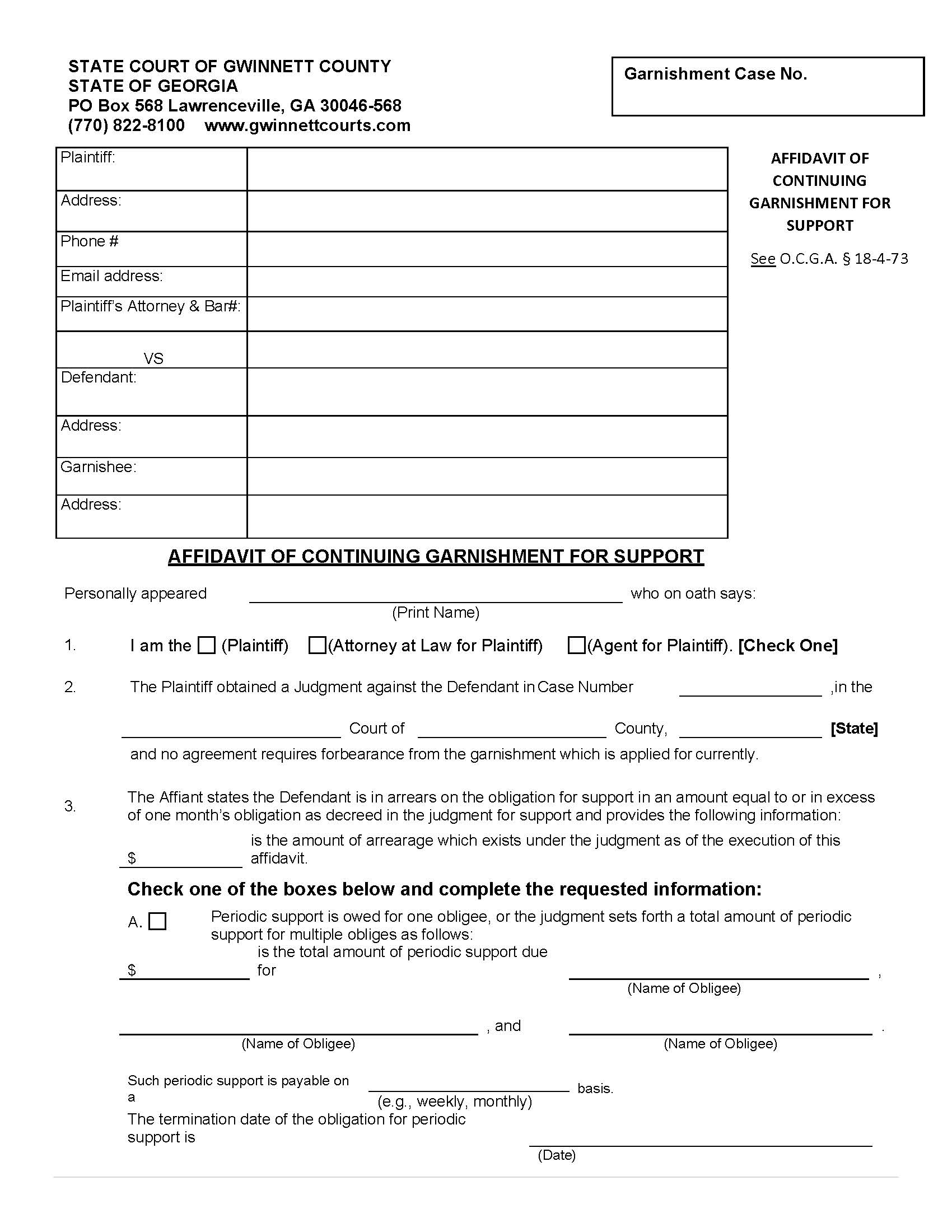 Affidavit Of Continuing Garnishment For Support | Pdf Fpdf Doc Docx | Georgia