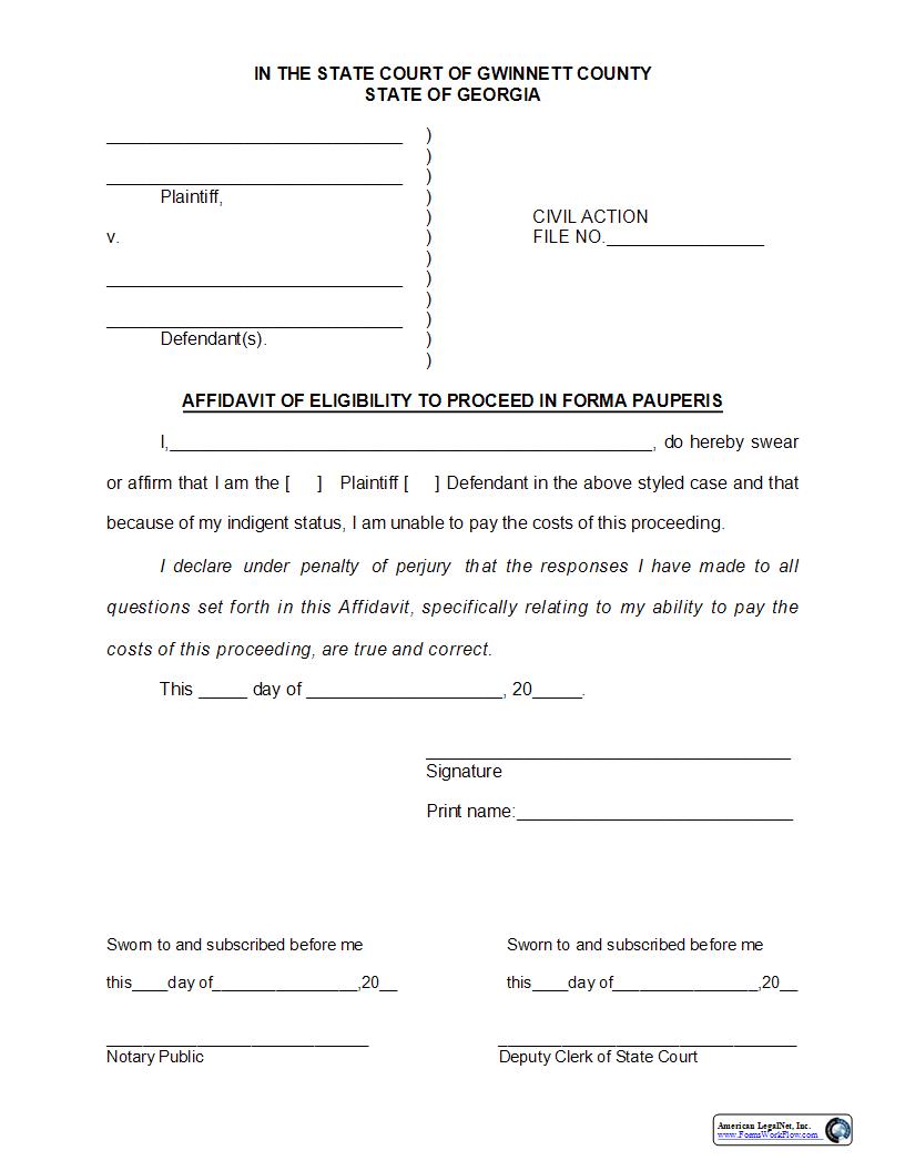 Affidavit Of Eligibility To Proceed In Forma Pauperis | Pdf Fpdf Docx | Georgia