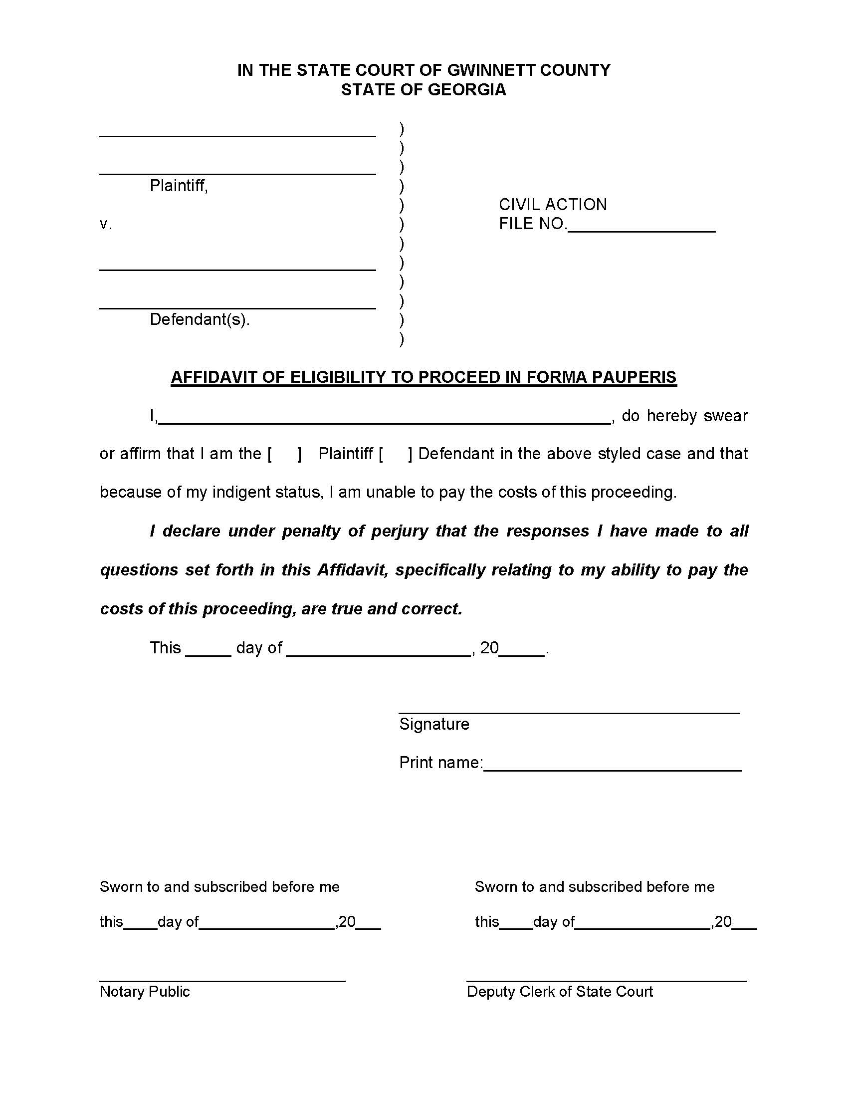 Affidavit Of Eligibility To Proceed In Forma Pauperis | Pdf Fpdf Docx | Georgia