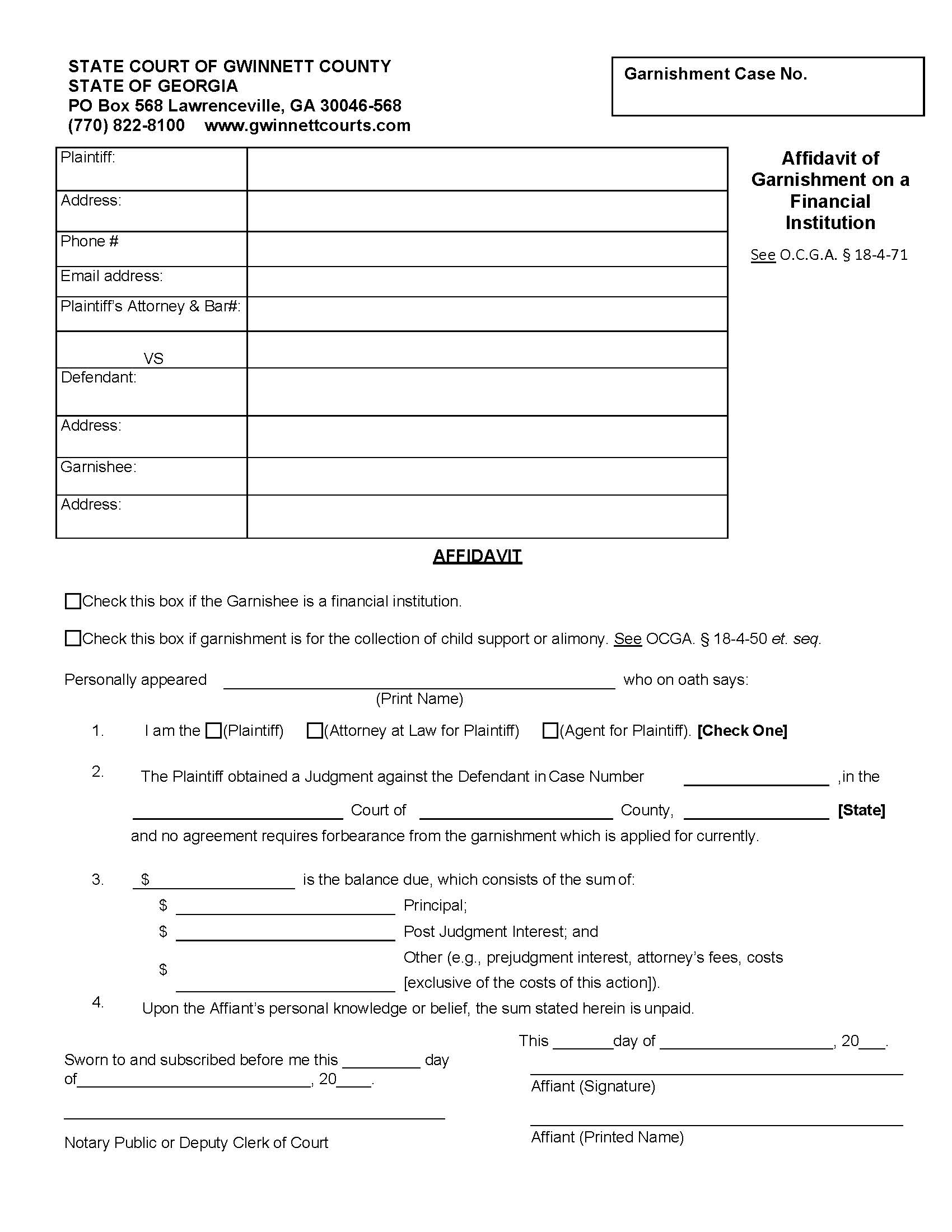 Affidavit Of Garnishment On A Financial Institution | Pdf Fpdf Doc Docx | Georgia