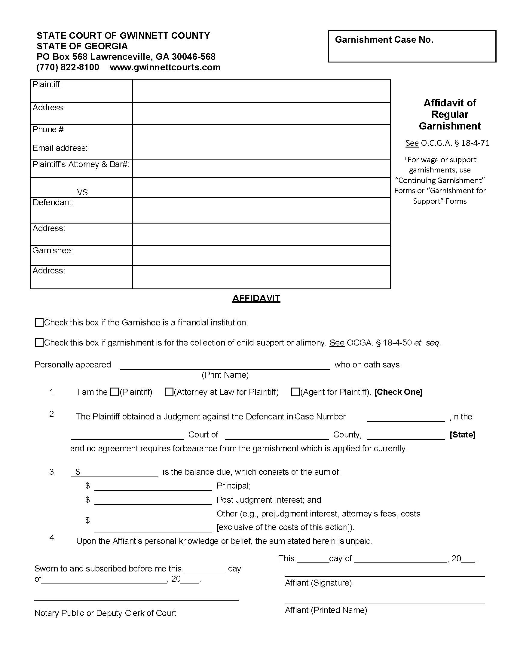 Affidavit Of Regular Garnishment | Pdf Fpdf Doc Docx | Georgia