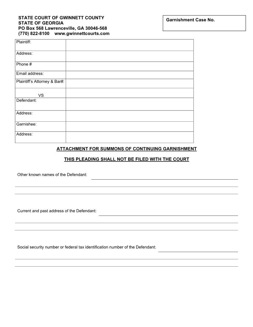 Attachment For Summons Of Continuing Garnishment | Pdf Fpdf Doc Docx | Georgia