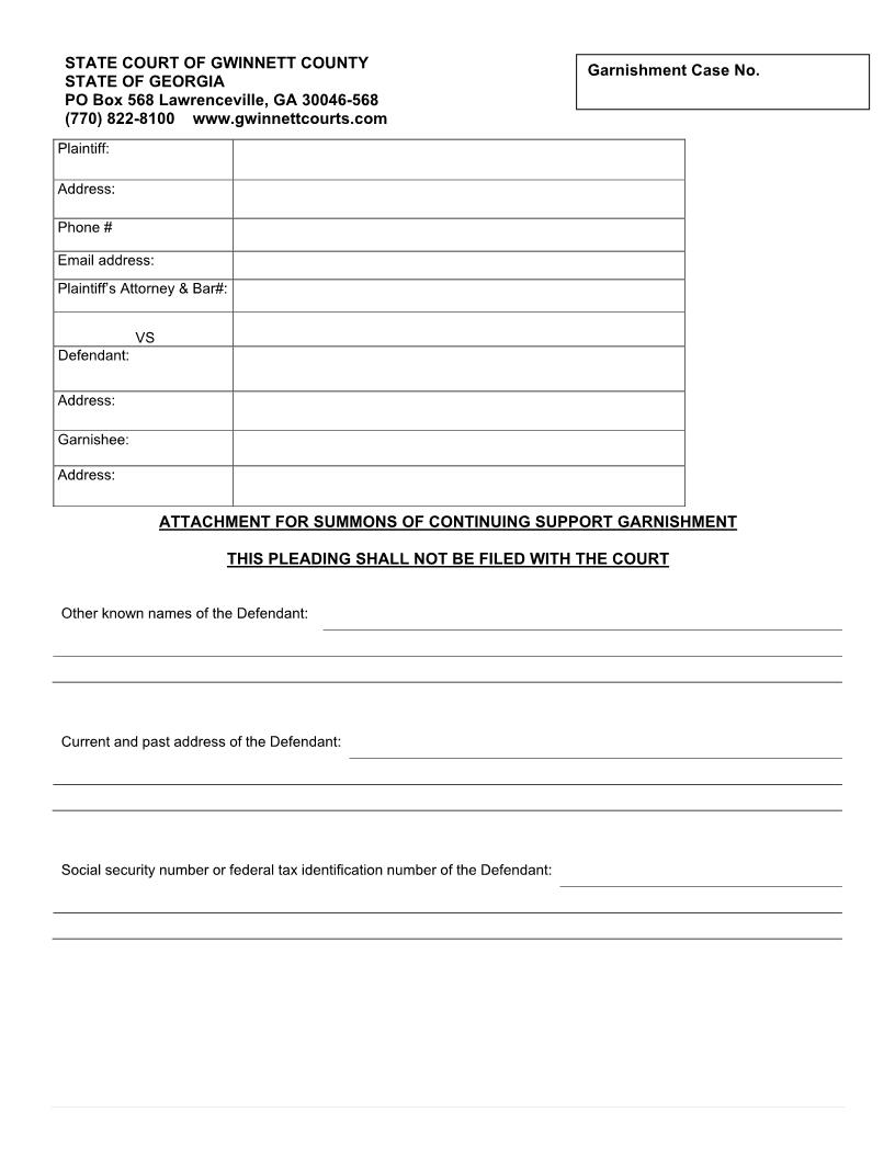 Attachment For Summons Of Continuing Support Garnishment | Pdf Fpdf Docx | Georgia