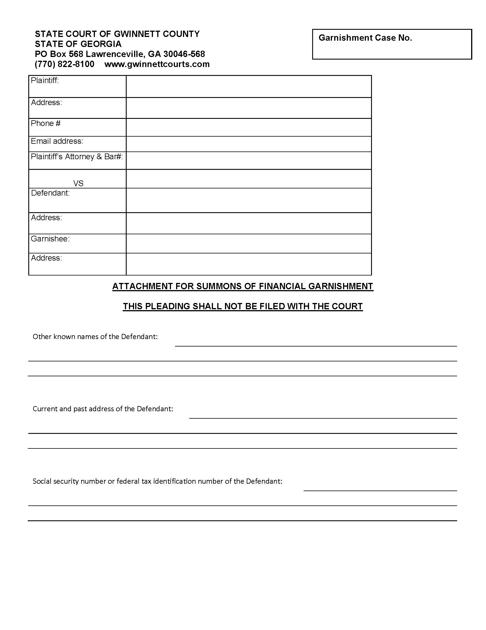 Attachment For Summons Of Financial Garnishment | Pdf Fpdf Doc Docx | Georgia