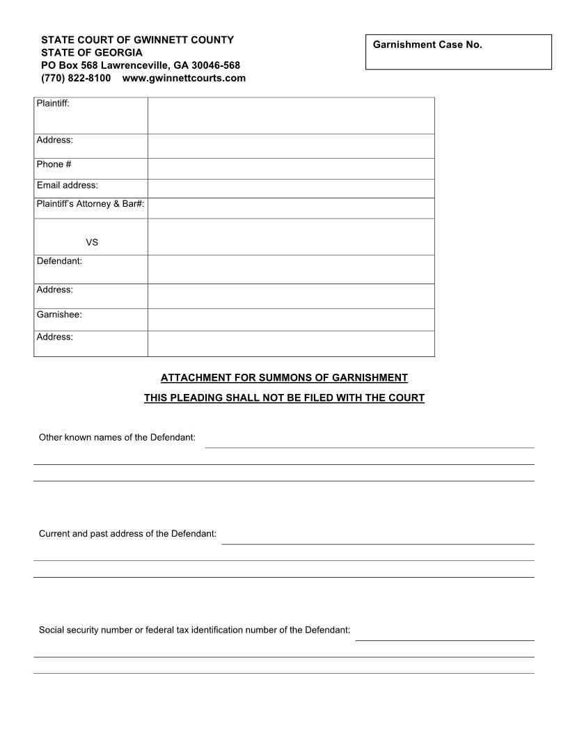 Attachment For Summons Of Garnishment | Pdf Fpdf Doc Docx | Georgia