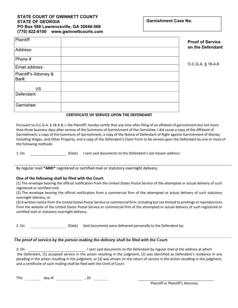 Certificate Of Service Upon The Defendant | Pdf Fpdf Doc Docx | Georgia