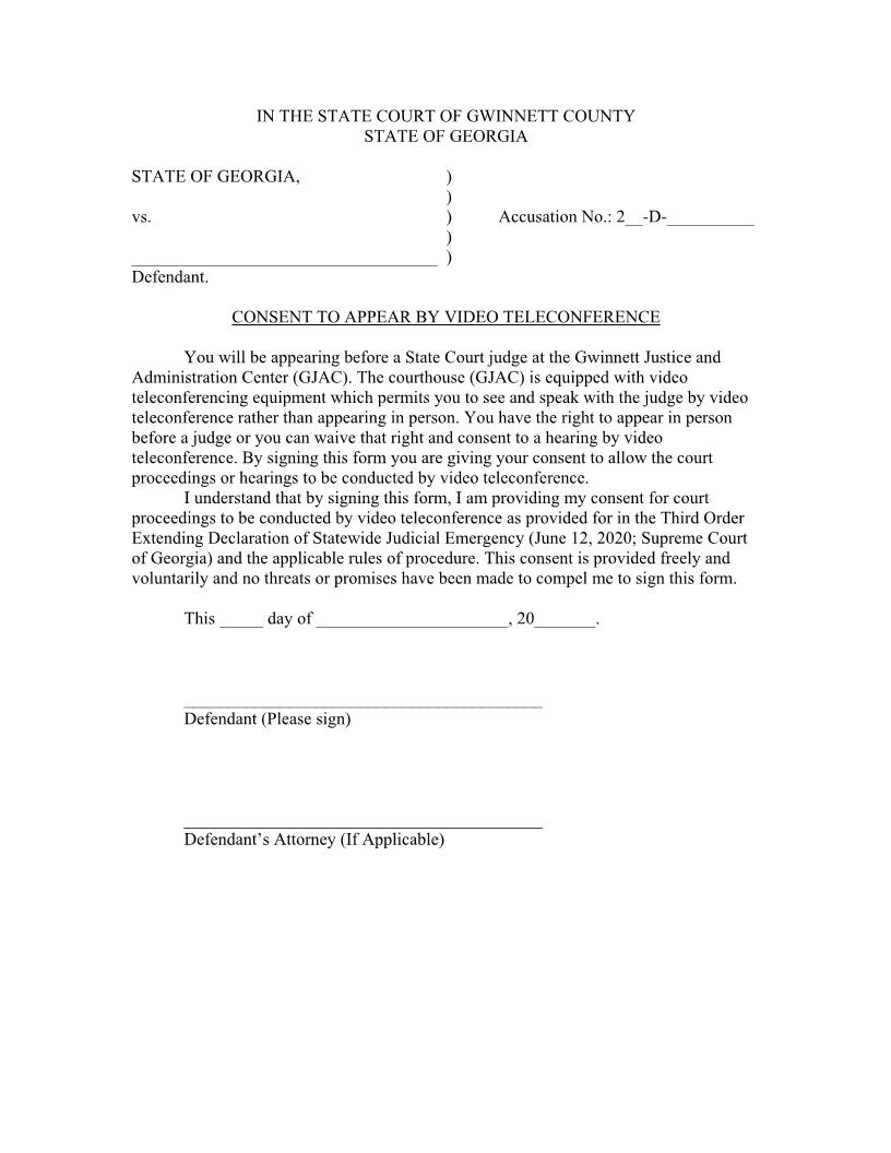 Consent To Appear By Video Teleconference | Pdf Fpdf Docx | Georgia