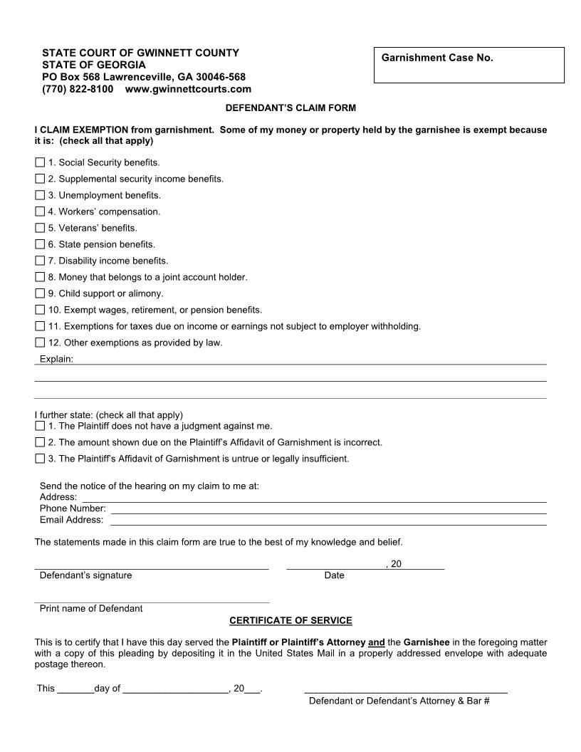 Defendants Claim Form | Pdf Fpdf Doc Docx | Georgia