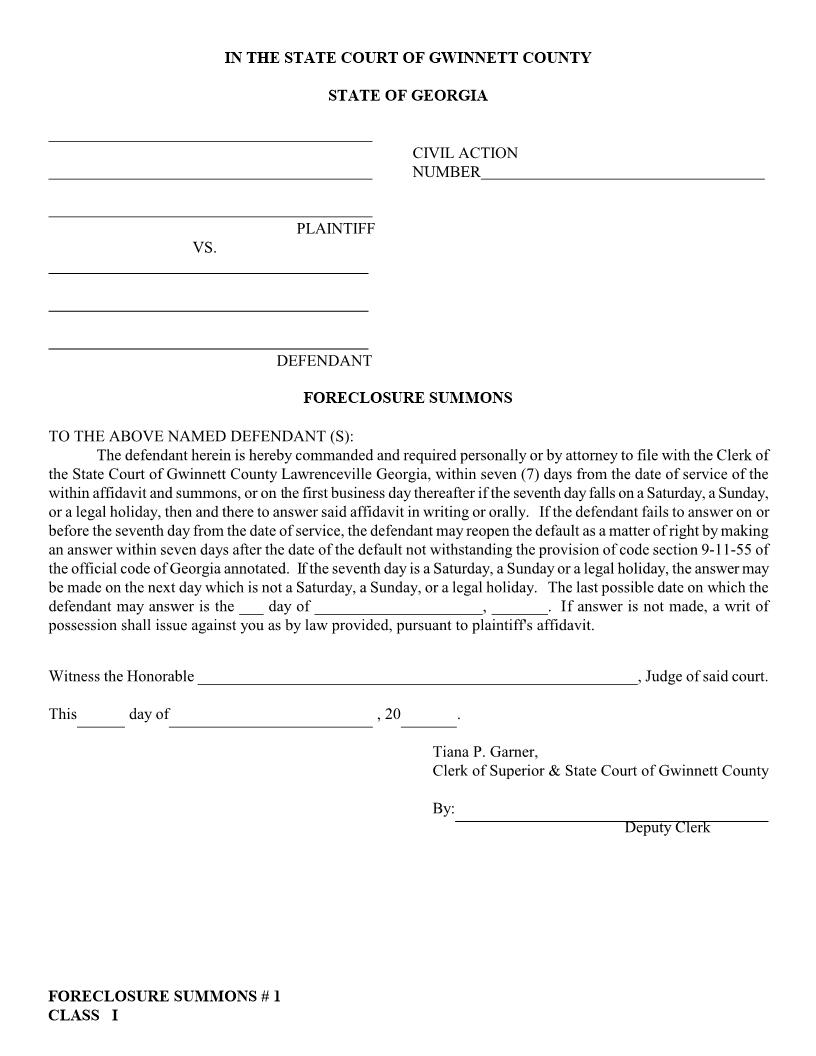 Foreclosure Summons | Pdf Fpdf Doc Docx | Georgia