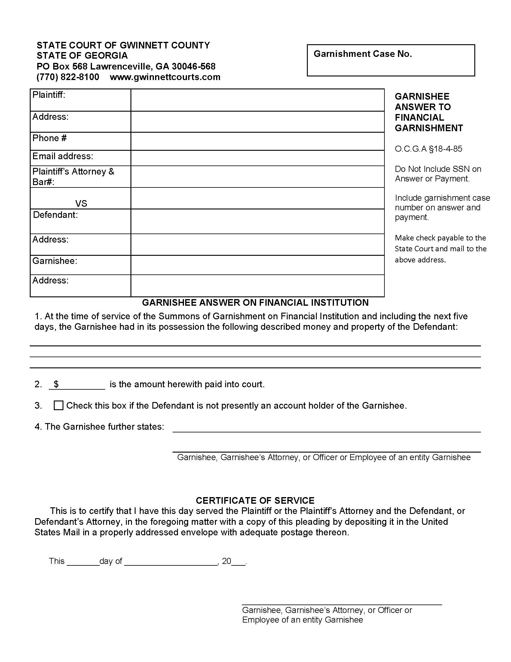 Garnishee Answer On Financial Institution | Pdf Fpdf Doc Docx | Georgia