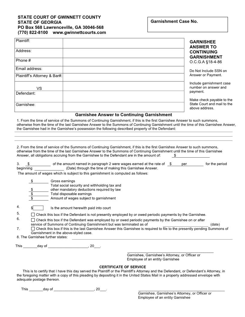 Garnishee Answer To Continuing Garnishment | Pdf Fpdf Doc Docx | Georgia