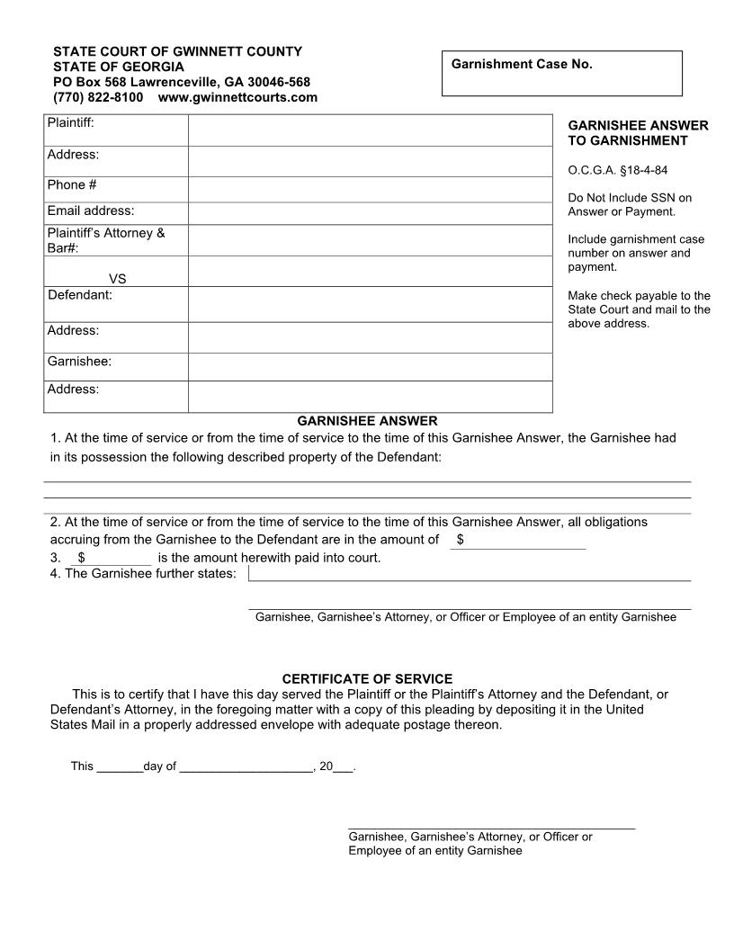 Garnishee Answer To Garnishment | Pdf Fpdf Docx | Georgia