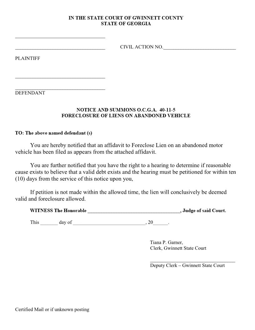 Notice And Summons (Foreclosure Of Liens On Abandoned Vehicle) | Pdf Fpdf Doc Docx | Georgia