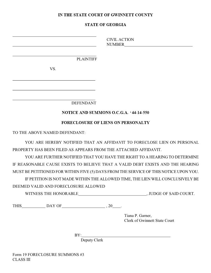 Notice And Summons (Foreclosure Of Liens On Personalty) | Pdf Fpdf Doc Docx | Georgia